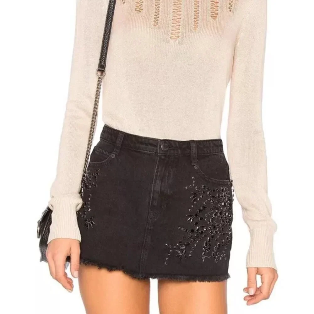 Free People Skirt 6 Black Mini Stretch Denim Crystal Beaded Frayed
